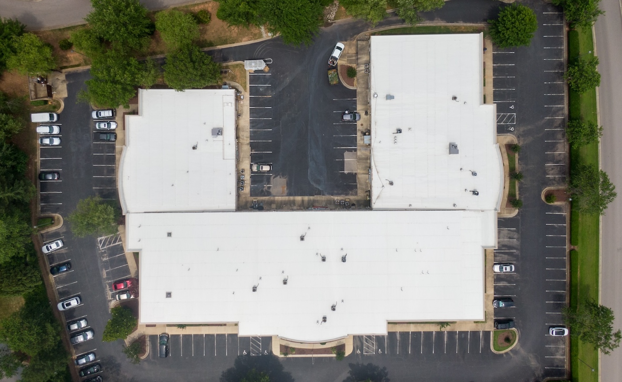 aerial view of white tpo roofing