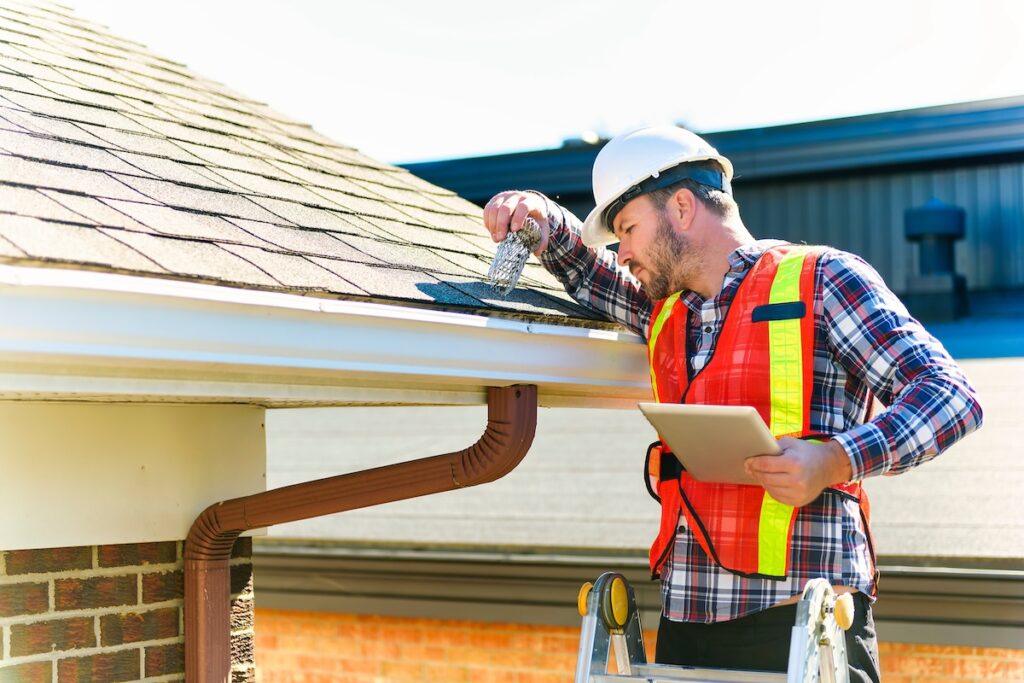 A man with hard hat standing on steps inspecting house roof