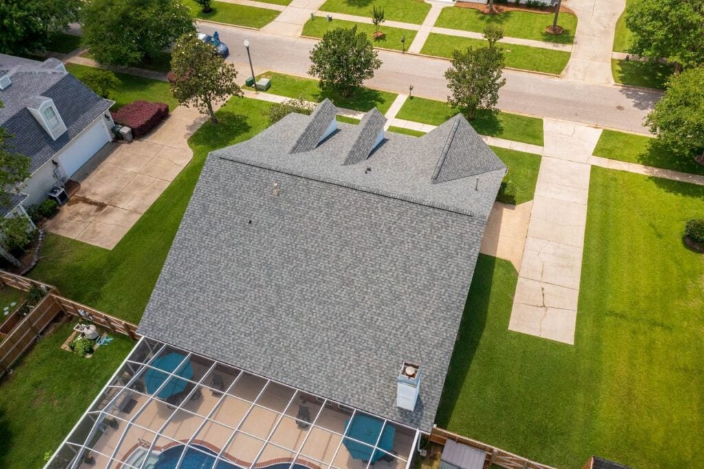 aerial view of a grey shingle roof