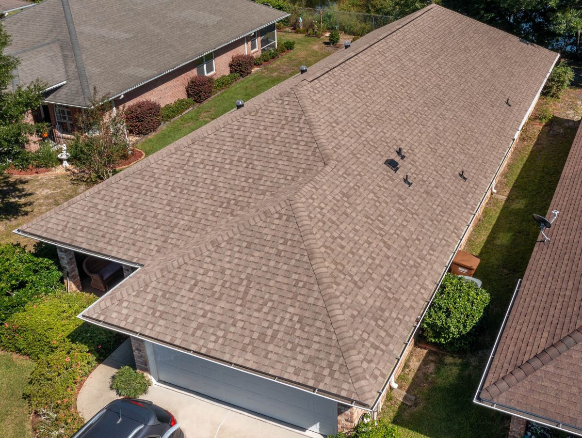aerial view of a beige shingle roof
