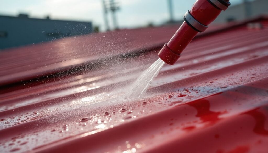 metal roof being cleaned with hose