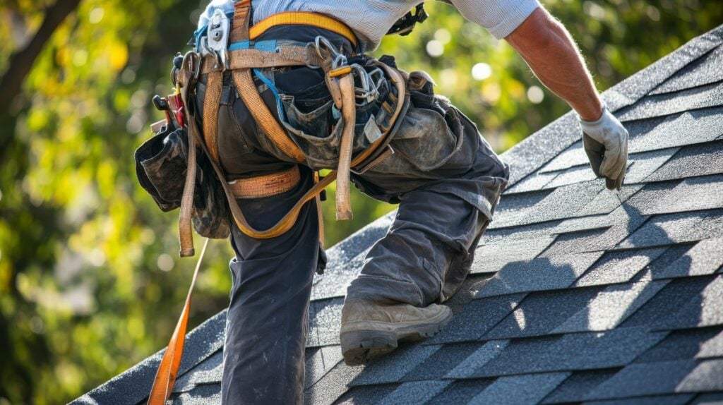 roofer wearing a safety harness