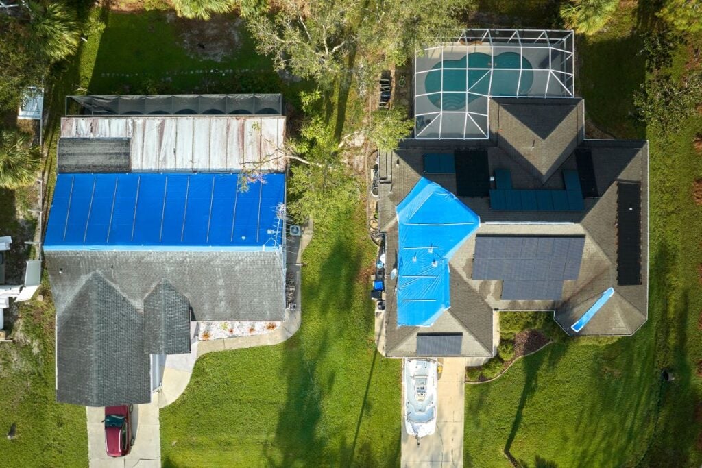 How to tarp a roof aerial view pool house