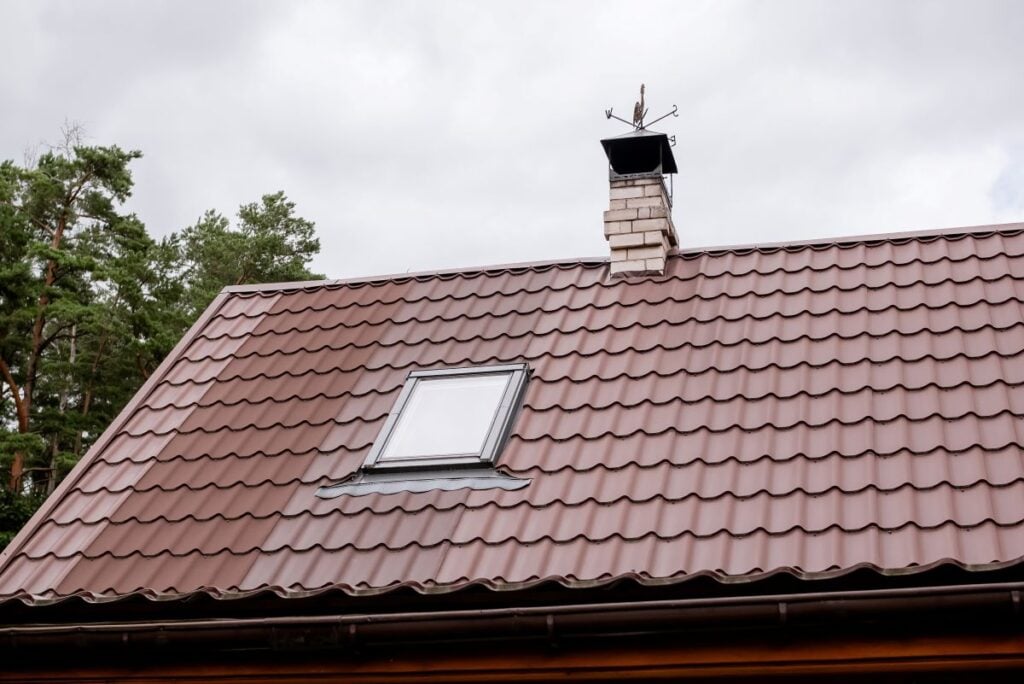 Minimum slope for metal roof brown tiles cloudy sky one chimney