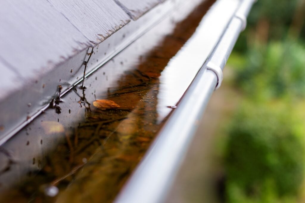 A close up portrait of a clogged roof gutter full of rain water