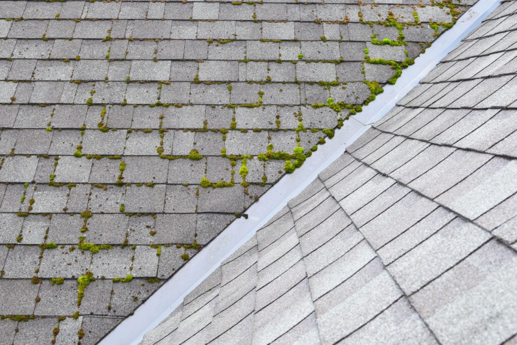 Different two parts of grey bitumen asphalt shingles roof one pa