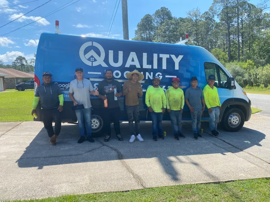 Quality roofing truck and workers