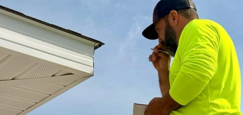 Quality Roofing Solutions' gutter technician carefully estimating the gutter