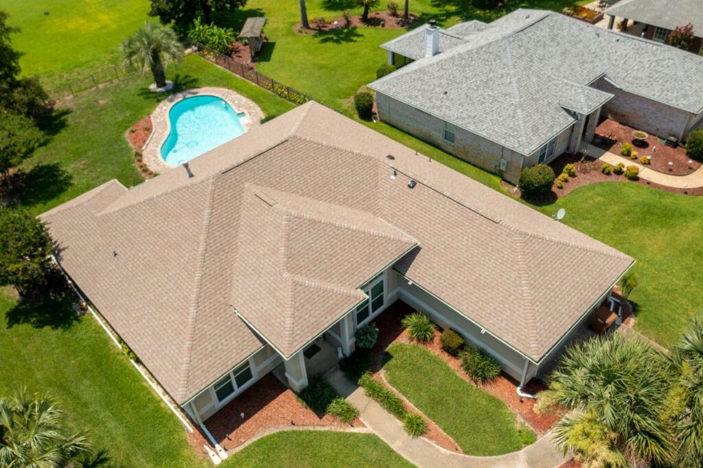 Aerial view of a newly installed/repaired shingle roof