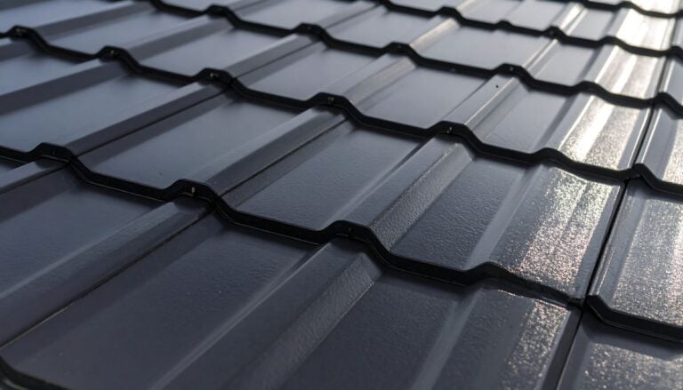 Dark gray metal roof shingles pattern