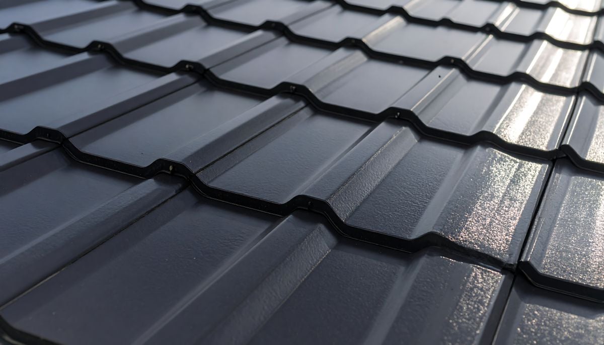 Dark gray metal roof shingles pattern