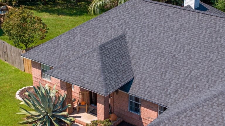 Dark grey shingle roof on a residential home
