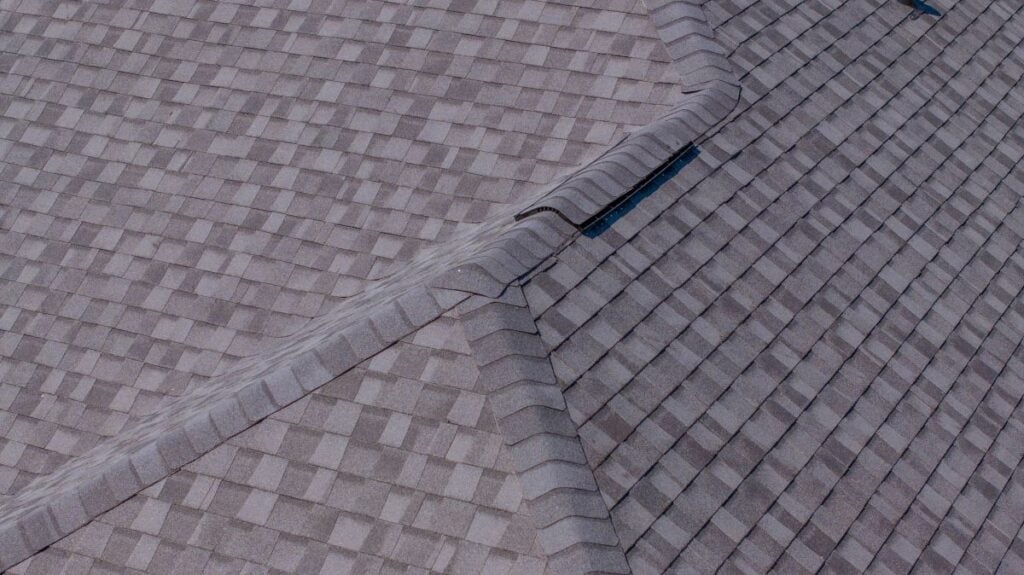 Close-up of a grey shingle roof