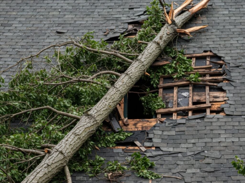 emergency roofing services log on top of shingles roof